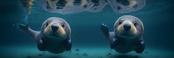 Naklejka premium Cute Sea Otter Playing Underwater (Generative Ai)