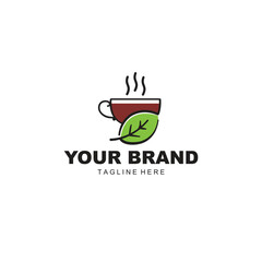 natural cup of coffee and leaf logo