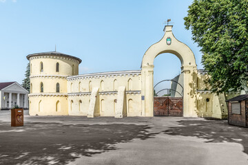 Trostyanets, Sumy Oblast, Ukraine - June 18, 2023: The main gate in the fortress Round Court in...