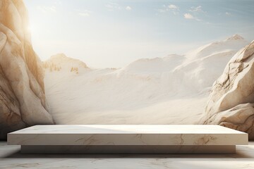 3d rendered white marble podium with stone mountains background.