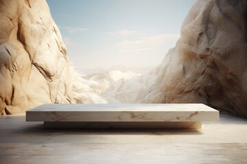 3d rendered white marble podium with stone mountains background.