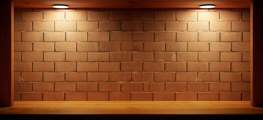Wooden shelf on dark brick wall with light background. 3D Rendering