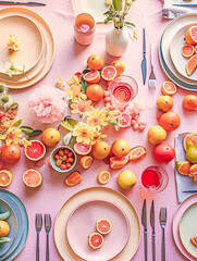 a vibrant pastel pink tablescape with an arrangement of flowers, beverages, citrus fruit, dishware and cutlery