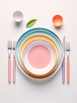 a flat-lay nested stack of colorful plates and silverware on a clean white table