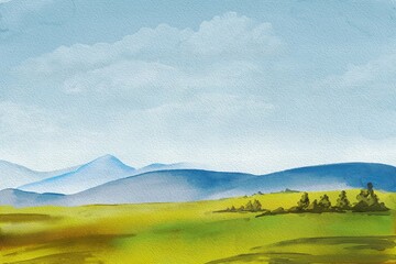Fields and mountains. Abstract panoramic watercolor hand painted landscape background. Textured paper.