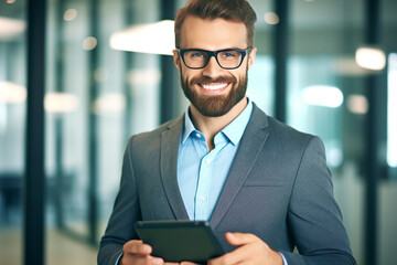 Businessman with tablet PC in hand looks into camera - Topic Digitalization, Success and Career - Generative AI
