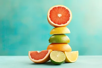 Foto op Plexiglas Balancing citrus fruits on the table.  Generative AI. © ireneromanova