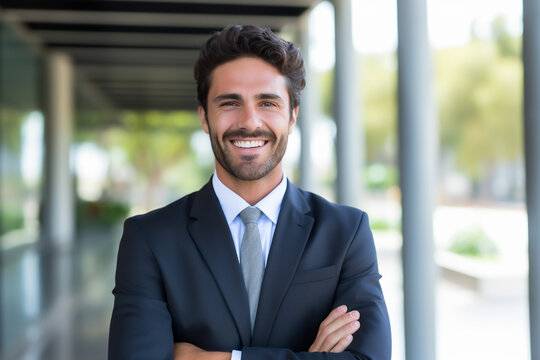 Businessman with suit and tie stands in front of building and smiles sympathetically into the camera - Theme business, career, success or application - Generative AI