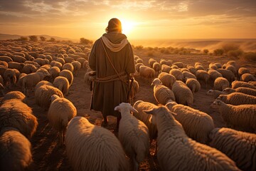 A bible jesus shepherd with his flock of sheep during sunset. Generative AI - obrazy, fototapety, plakaty