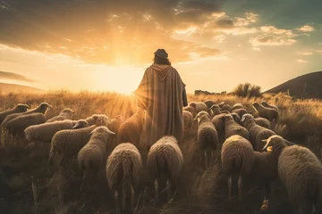 Fotobehang A bible jesus shepherd with his flock of sheep during sunset. Generative AI © tong2530