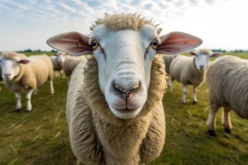 Animal, dike funny sheep is looking at you from its meadow on farm background. Sheep. Generative AI