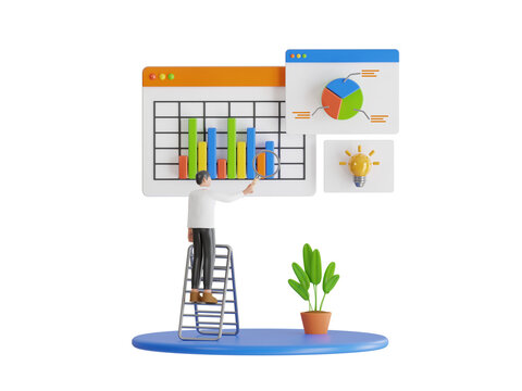 3D illustration of man with magnifying glass researching a business dashboard with graphs and infographics. successful investor with charts, infographics and data analysis.
