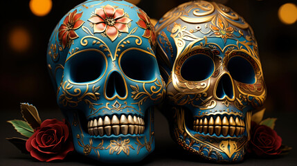 Vibrant Dia de los Muertos: Two Mexican Skulls Embracing the Celebration of the Day of the Dead in Mexico