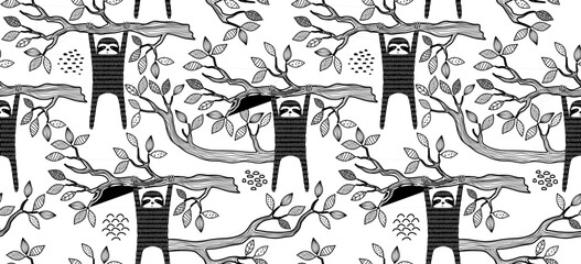 Cute cartoon sloth seamless pattern vector graphic design. Hand drawn sloth character hanging on the tree. Animal illustration for nursery design, birthday, baby shower design and party decor, print. © andin