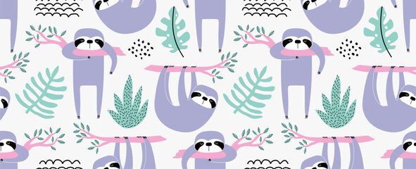 Seamless pattern of sleepy sloths in the night. Hand-drawn illustration of sloth for kids, tropical summer, nursery, textile, texture, print, cover, wallpaper, fabric. Transparent background