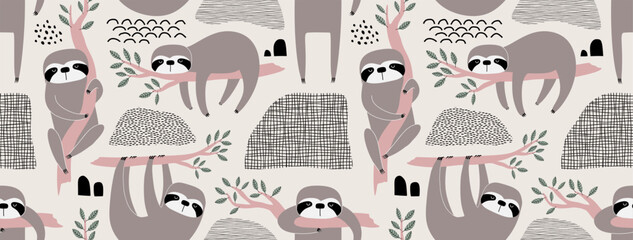 Seamless vector pattern with sleepy sloths hanging on leafy branches - obrazy, fototapety, plakaty