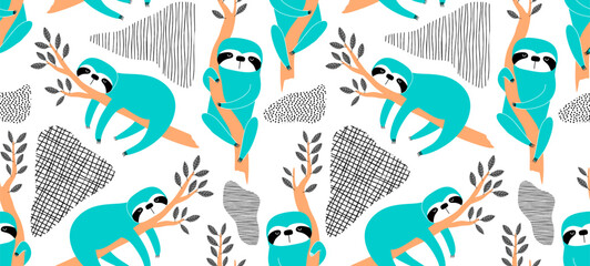 Seamless pattern of sleepy sloths in the night. Hand-drawn illustration of sloth for kids, tropical summer, nursery, textile, texture, print, cover, wallpaper, fabric. Transparent background © andin