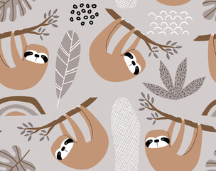 Hand drawn seamless vector pattern with cute sloths and tropical palm leaves. Perfect for textile, wallpaper or print design. © andin