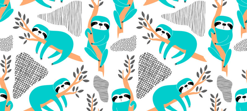 Seamless pattern of sleepy sloths in the night. Hand-drawn illustration of sloth for kids, tropical summer, nursery, textile, texture, print, cover, wallpaper, fabric. Transparent background