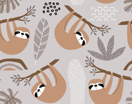 Hand drawn seamless vector pattern with cute sloths and tropical palm leaves. Perfect for textile, wallpaper or print design.