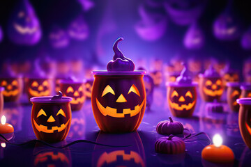 Neon Purple Background Sets The Stage For Halloween Party Concept, Featuring Ghosts And Pumpkin Candy Buckets. Generative AI