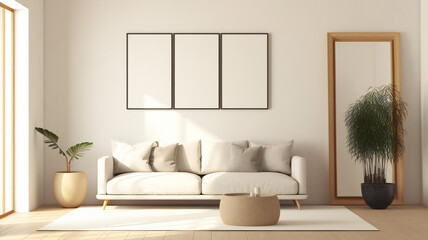 Stylish Living Room Interior with Mockup Frame Poster, Modern interior design, 3D render, 3D illustration