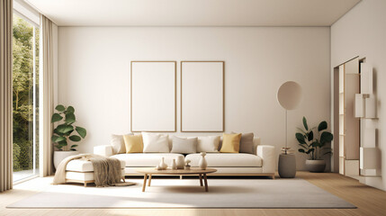 Fototapeta na wymiar Stylish Living Room Interior with Mockup Frame Poster, Modern interior design, 3D render, 3D illustration
