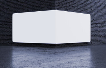 Empty wall corner luminous LED banner, curved screen billboard mockup, 3D render
