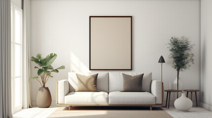 Stylish Living Room Interior with Mockup Frame Poster, Modern interior design, 3D render, 3D illustration
