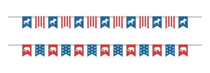 Bunting with USA flags, elephants and donkeys. Isolated vector and PNG illustration on transparent background.