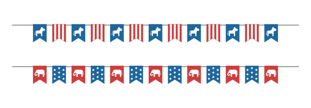 Bunting with USA flags, elephants and donkeys. Isolated vector and PNG illustration on transparent background.