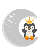 Cute penguin sitting on moon with crown on head