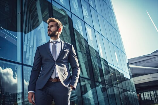 business man in suit between two modern buildings 