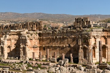 Fototapeta na wymiar Ruins of the ancient Baalbek city built in the 1st to 3rd centuries. Today UNESCO monuments. View of The Great Court of ancient Heliopolis's temple complex. Lebanon.
