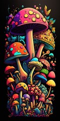 Many mushrooms, colorful, funny, neon watercolors,vibrant colors,cartoon. Great design for children book illustration, home, room decoration