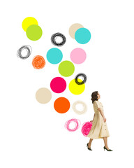Contemporary art collage. Beautiful young woman in retro style dress walking over white background with colorful elements. Dreams. Concept of imagination, inspiration, surrealism. Creative design