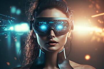 Beautiful futuristic woman using virtual reality glasses in the Metaverse. Girl with VR device and digital elements around her head. Generative ai