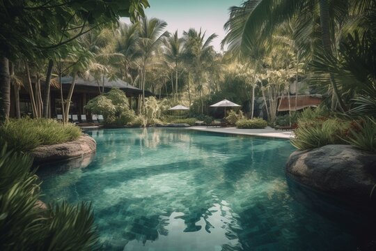 Stunning pool at lush resort, Phuket, Thailand. Generative AI © Bobby