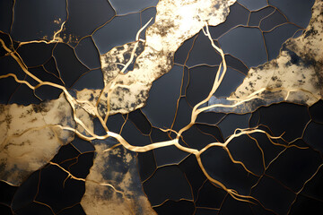 Kintsugi background, surface, banner. Japanese technique of tableware restoration. Beauty of imperfection. Gold lines. Wabi Sabi philosophy.  Generative AI. - obrazy, fototapety, plakaty
