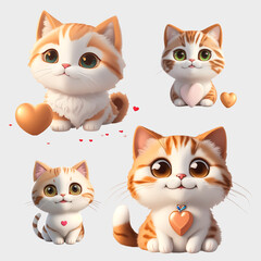 The Set of Brown cats has smiling faces and heart elements,3d illustrations, and transparent backgrounds.