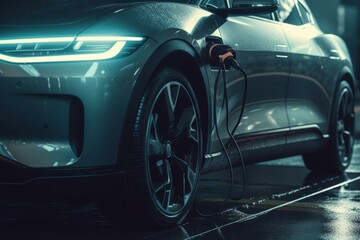The battery of an electric vehicle is charged by a power supply connected to an EV charging station or plug-in hybrid car. Generative AI