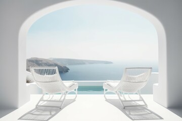 Fototapeta premium Chairs sea view arch. Generate Ai