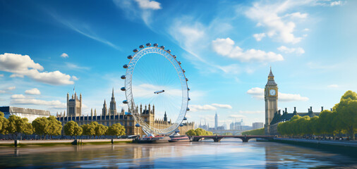 London eye, across the thames from parliament from a drone, Generative ai