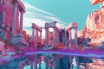 Greek ruins mermaids lake. Generate Ai - obrazy, fototapety, plakaty