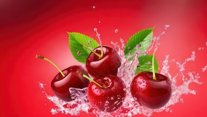 Fototapeta na wymiar Cherries in water splash on red background. Generative AI