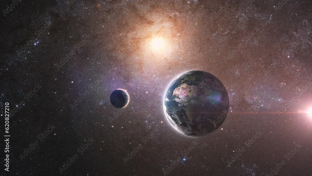 Poster abstract deep space travel animation background. earth and moon in the milky way with galaxy space a