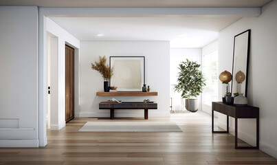 Fototapeta premium a living room with a large mirror and a plant on a table. generative ai