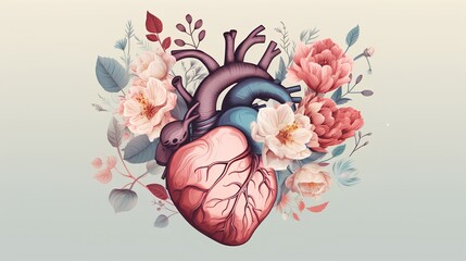 An artistic illustration of heart anatomy, beautifully integrated with floral elements, marries the wonders of the human body with the elegance of nature. Generative AI - obrazy, fototapety, plakaty