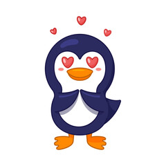 Cute Penguin character is in love, surrounded by hearts flying around the head. Pinguin wih heart eyes. Cartoon style. Vector illustration isolated on white. Flat design, doodle style. Love concept.