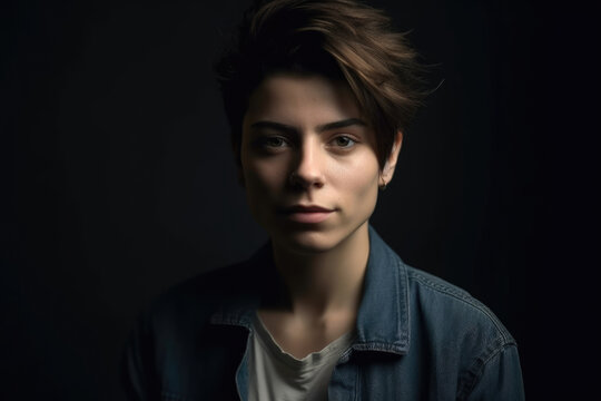 Generative AI image of portrait of serious young androgynous person in earrings looking at camera against dark background